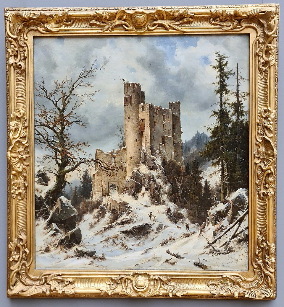 A painted castle ruin in snow