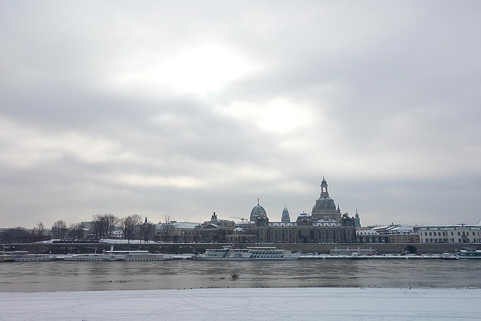 A gray winter skyline beyond the frozen meadows