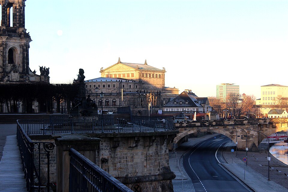 The Semperoper beyond the Augustus Bridge at sunset