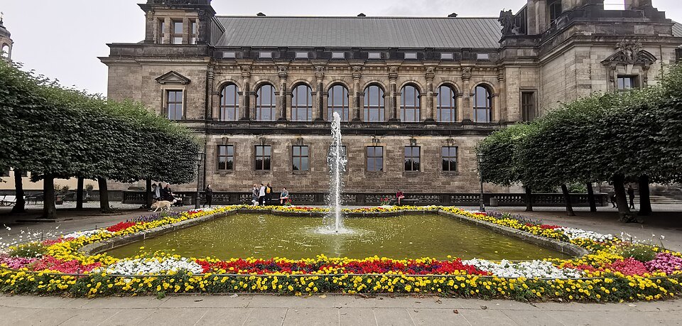 The fountain basin and flower beds by the Albertinum