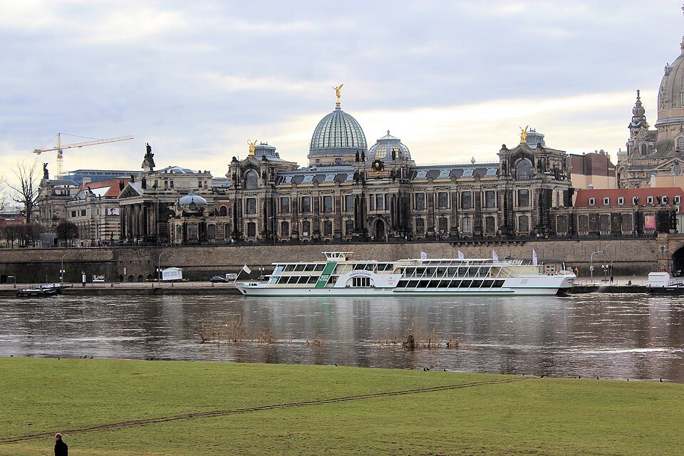 The academy and a steamer seen across the Elbe
