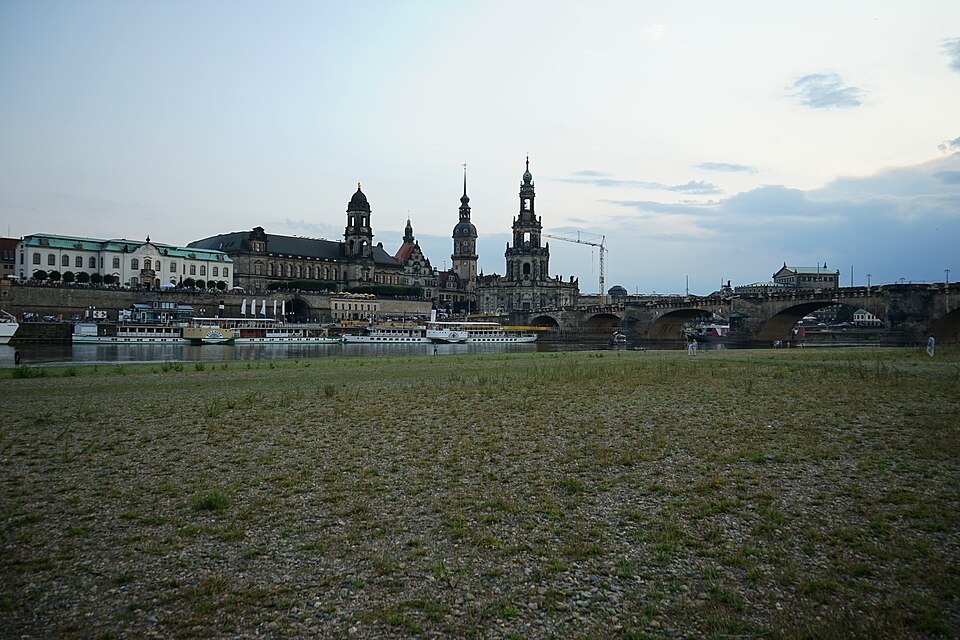 The Altstadt skyline at dusk from the Elbe meadows