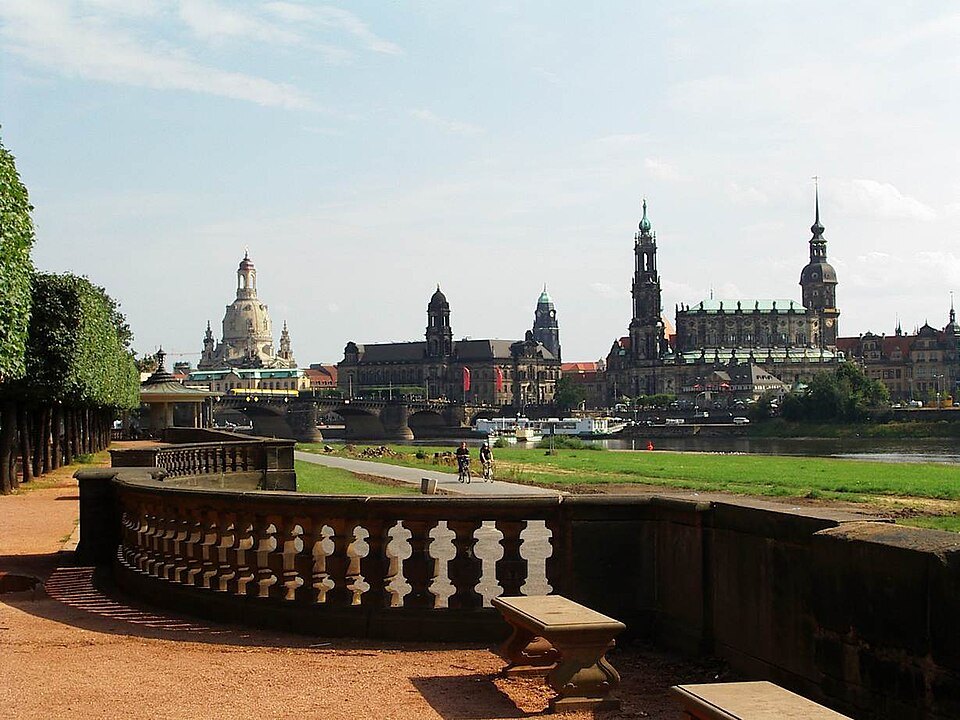 The Altstadt towers beyond a terrace balustrade