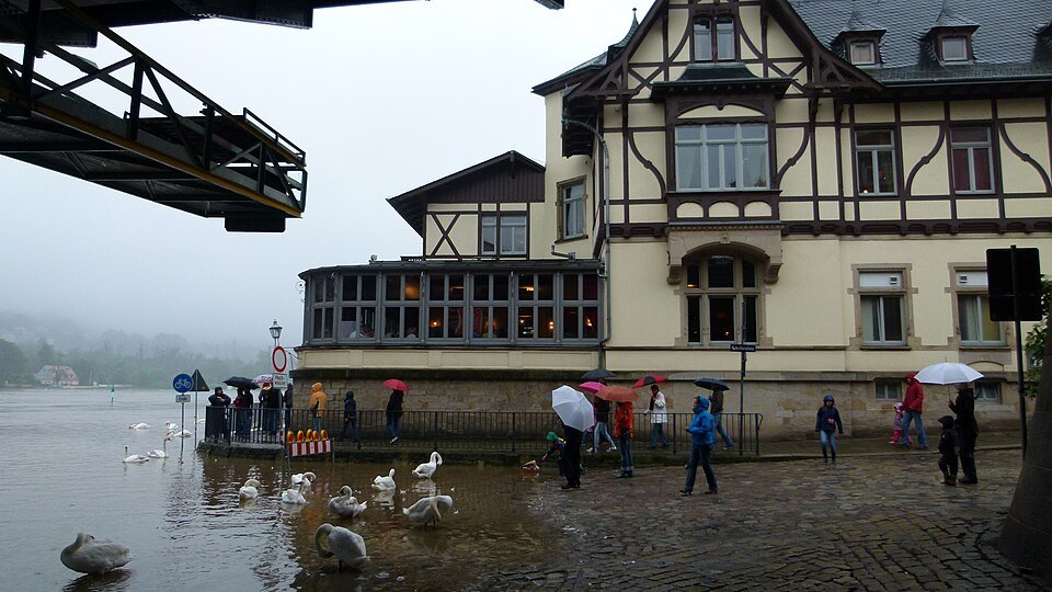 Floodwater reaching a riverside restaurant