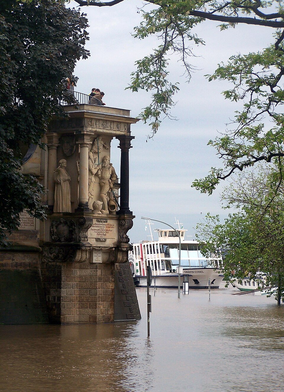 The Moritz Monument standing in floodwater