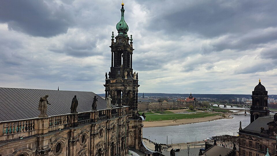The Hofkirche tower and the river from above