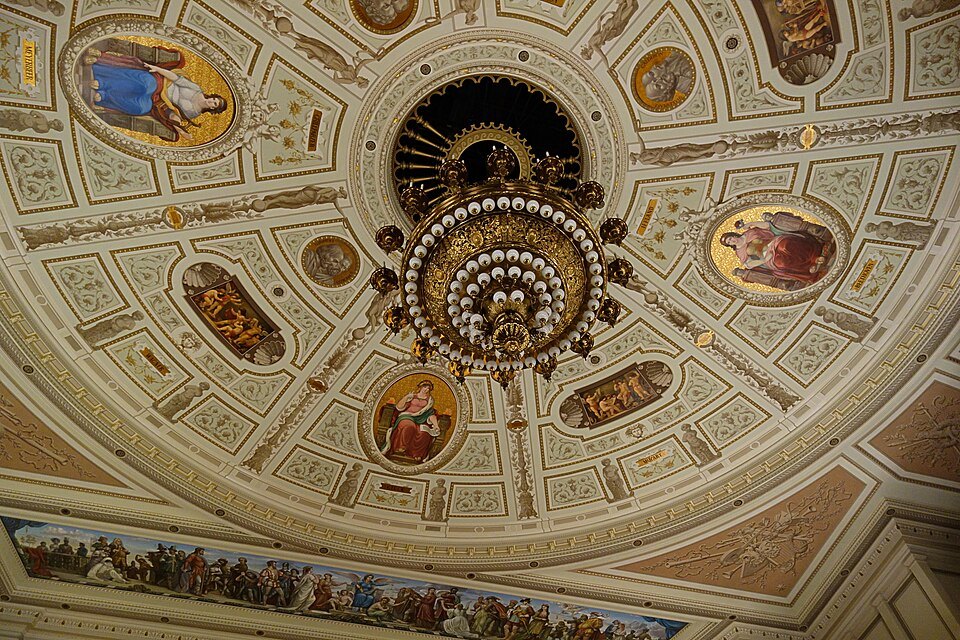 The Semperoper's painted ceiling and chandelier