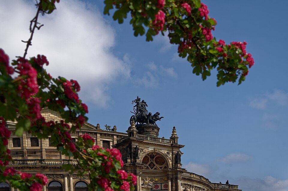 The panther quadriga framed by flowering branches