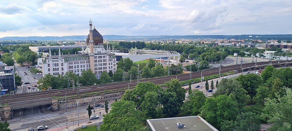 The Yenidze beyond the rail tracks from above
